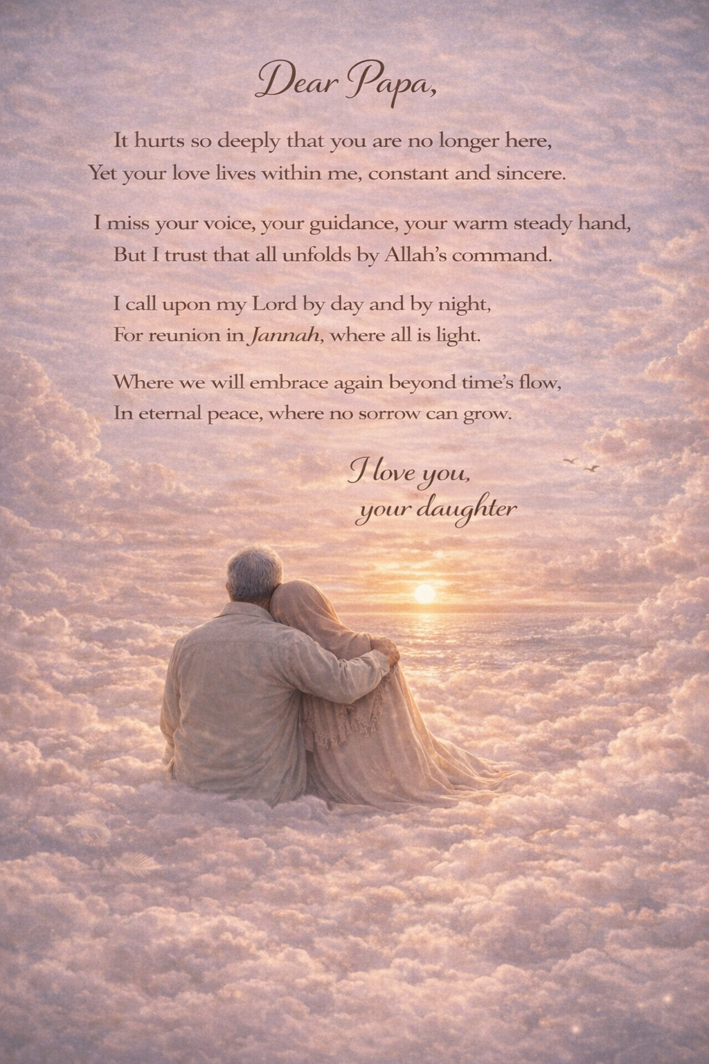 A father and daughter sitting together, symbolising love and remembrance.